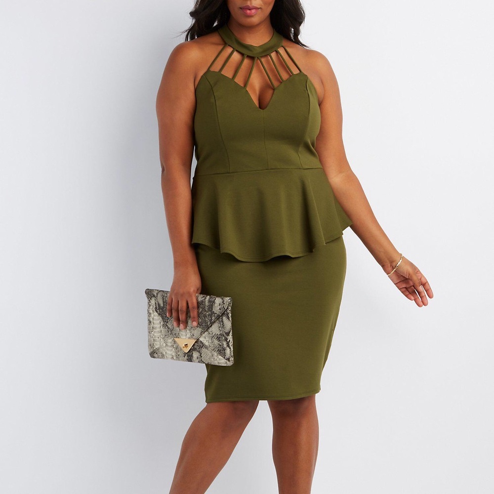 Caged neck peplum dress